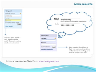 Acesse sua conta Acesse a sua conta no WordPress:  www.wordpress.com . Caso contrário deverá fazer o login com seu nome de usuário e senha, não o nome do blog, o seu nome de usuário e sua senha. Caso você tenha ativado a caixa “Lembrar minha senha” (Remember me) sua entrada será automática. 