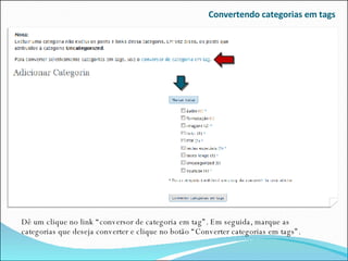 Convertendo categorias em tags Dê um clique no link “conversor de categoria em tag”. Em seguida, marque as categorias que deseja converter e clique no botão “Converter categorias em tags”. 