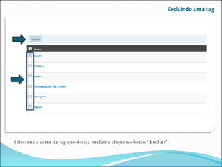 Excluindo uma tag Selecione a caixa da tag que deseja excluir e clique no botão “Excluir”. 