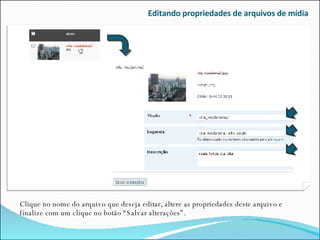 Editando propriedades de arquivos de mídia Clique no nome do arquivo que deseja editar, altere as propriedades deste arquivo e finalize com um clique no botão “Salvar alterações”. 