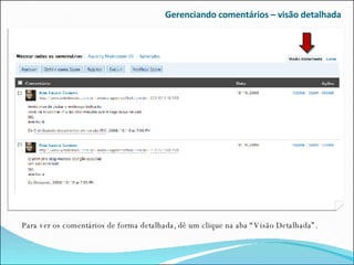 Gerenciando comentários – visão detalhada Para ver os comentários de forma detalhada, dê um clique na aba “Visão Detalhada”. 