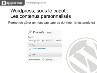Wordpress, sous le capot :
 Les contenus personnalisés
Permet de gérer un nouveau type de donnée (ici les produits)
 