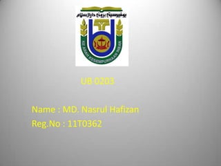 UB 0203

Name : MD. Nasrul Hafizan
Reg.No : 11T0362
 