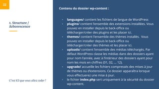 1. Structure /
Arborescence
Contenu du dossier wp-content :
▫ languages/ contient les fichiers de langue de WordPress
▫ plugins/ contient l’ensemble des extensions installées. Vous
pouvez en installer depuis le back-office ou
télécharger/créer des plugins et les placer ici.
▫ themes/ contient l’ensemble des thèmes installés. Vous
pouvez en installer depuis le back-office ou
télécharger/créer des thèmes et les placer ici.
▫ uploads/ contient l’ensemble des médias téléchargés. Par
défaut WordPress classe les médias dans des dossiers ayant
pour nom l’année, avec à l’intérieur des dossiers ayant pour
nom les mois en chiffres (01, 02, … 12).
▫ upgrade/ accueille les fichiers compressés des mises à jour
de thèmes ou d’extensions. Ce dossier apparaîtra lorsque
vous effectuerez une mise à jour.
▫ le fichier index.php sert uniquement à la sécurité du dossier
wp-content.
22
C’est ICI que vous allez coder !
 