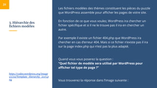 3. Hiérarchie des
fichiers modèles
Les fichiers modèles des thèmes constituent les pièces du puzzle
que WordPress assemble pour afficher les pages de votre site.
En fonction de ce que vous voulez, WordPress ira chercher un
fichier spécifique et si il ne le trouve pas il ira en chercher un
autre.
Par exemple il existe un fichier 404.php que WordPress ira
chercher en cas d’erreur 404. Mais si ce fichier n’existe pas il ira
sur la page index.php qui n’est pas la plus adapté.
Quand vous vous poserez la question :
“Quel fichier de modèle sera utilisé par WordPress pour
afficher tel type de page ?”
Vous trouverez la réponse dans l’image suivante :
31
https://codex.wordpress.org/image
s/c/ca/Template_Hierarchy_2015.p
ng
 