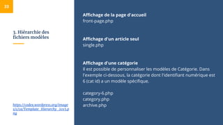 3. Hiérarchie des
fichiers modèles
Affichage de la page d'accueil
front-page.php
Affichage d'un article seul
single.php
Affichage d'une catégorie
Il est possible de personnaliser les modèles de Catégorie. Dans
l'exemple ci-dessous, la catégorie dont l'identifiant numérique est
6 (cat id) a un modèle spécifique.
category-6.php
category.php
archive.php
33
https://codex.wordpress.org/image
s/c/ca/Template_Hierarchy_2015.p
ng
 