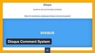 61
Disqus
Système de commentaire amélioré
https://fr.wordpress.org/plugins/disqus-comment-system/
 