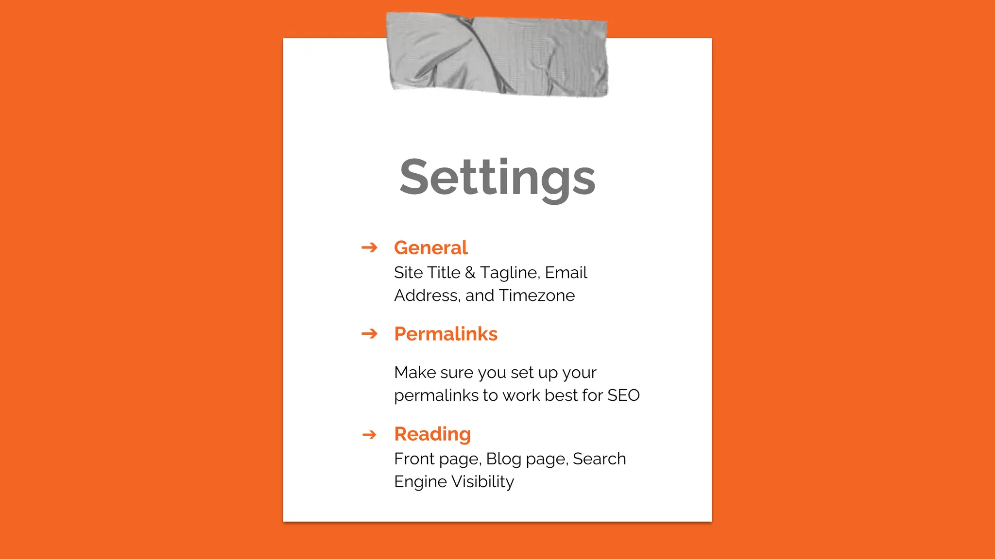 Settings
➔ General
Site Title & Tagline, Email
Address, and Timezone
➔ Permalinks
Make sure you set up your
permalinks to work best for SEO
➔ Reading
Front page, Blog page, Search
Engine Visibility
 