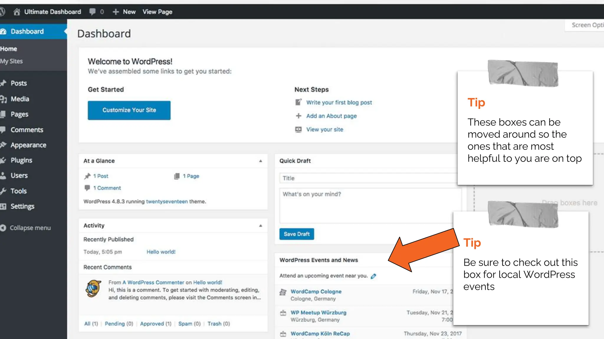 Tip
Don’t leave your
username as “admin”
Tip
Always choose https
(meaning you have a
SSL certificate) when
possible.
Tip
Be sure to check out this
box for local WordPress
events
Tip
These boxes can be
moved around so the
ones that are most
helpful to you are on top
 