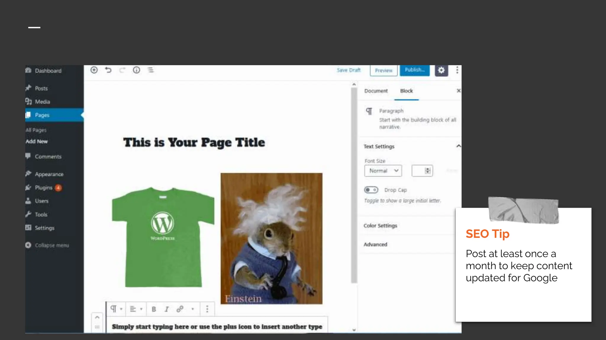 SEO Tip
Post at least once a
month to keep content
updated for Google
 