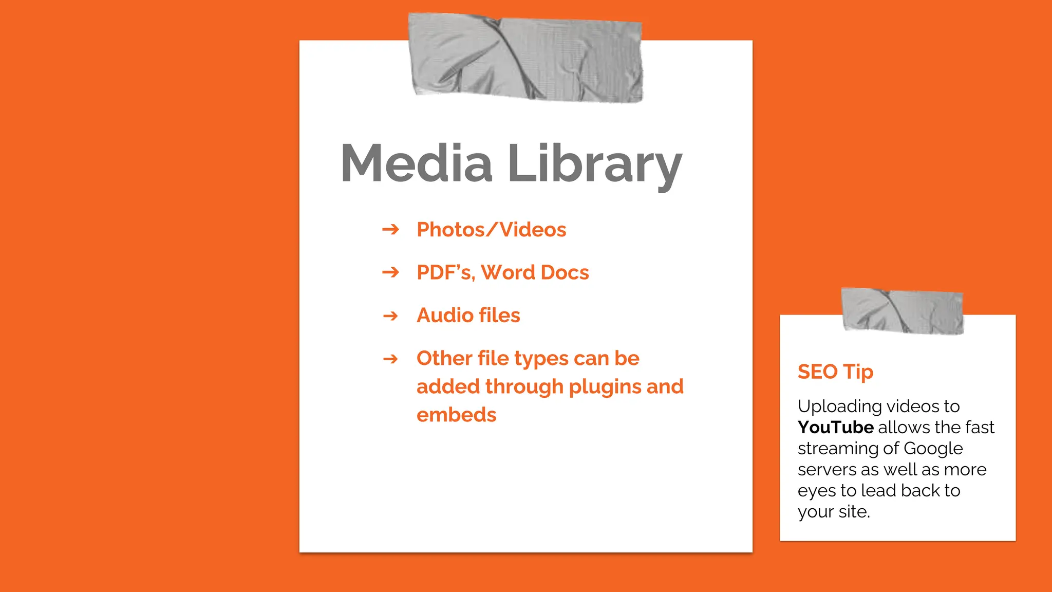 Media Library
➔ Photos/Videos
➔ PDF’s, Word Docs
➔ Audio files
➔ Other file types can be
added through plugins and
embeds
SEO Tip
Uploading videos to
YouTube allows the fast
streaming of Google
servers as well as more
eyes to lead back to
your site.
 