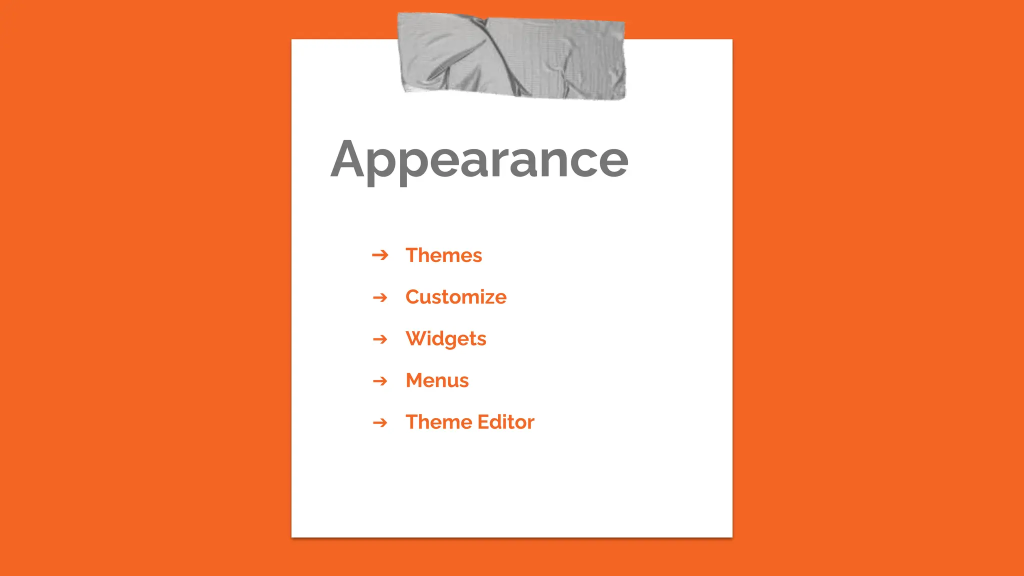 Appearance
➔ Themes
➔ Customize
➔ Widgets
➔ Menus
➔ Theme Editor
 