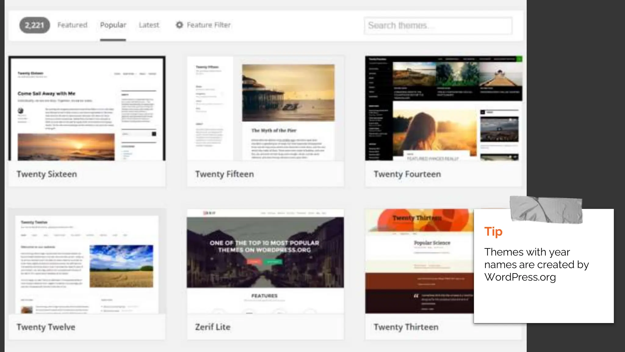 Tip
Themes with year
names are created by
WordPress.org
 