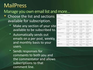 Manage you own email list and more…
  Choose the list and sections
  available for subscription.
     Make any section of ...