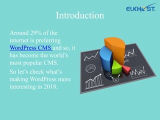 Introduction
Around 29% of the
internet is preferring
WordPress CMS and so, it
has become the world’s
most popular CMS.
So let’s check what’s
making WordPress more
interesting in 2018.
 