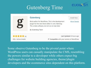 Gutenberg Time
Some observe Gutenberg to be the pivotal point where
WordPress users can casually manipulate the CMS, resembling
the powers similar to a developer while others expect big
challenges for website building agencies, theme/plugin
developers and the ecommerce sites dependent on this platform.
 