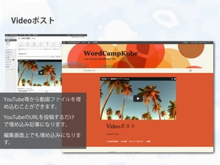 Videoポスト
YouTube等から動画ファイルを埋
め込むことができます。
YouTubeのURLを投稿するだけ
で埋め込み記事になります。
編集画面上でも埋め込みになりま
す。
 