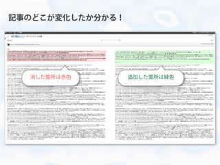 記事のどこが変化したか分かる！
消した箇所は赤色 追加した箇所は緑色
 