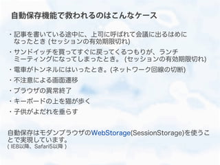 ・記事を書いている途中に、上司に呼ばれて会議に出るはめに
 なったとき (セッションの有効期限切れ)
・サンドイッチを買ってすぐに戻ってくるつもりが、ランチ
 ミーティングになってしまったとき。 (セッションの有効期限切れ)
・電車がトンネルにはいったとき。(ネットワーク回線の切断)
・不注意による画面遷移
・ブラウザの異常終了
・キーボードの上を猫が歩く
・子供がよだれを垂らす
自動保存はモダンブラウザのWebStorage(SessionStorage)を使うこ
とで実現しています。
( IE8以降、Safari5以降 )
自動保存機能で救われるのはこんなケース
 