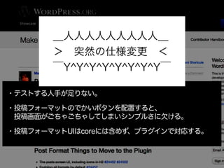 ・テストする人手が足りない。
・投稿フォーマットのでかいボタンを配置すると、
 投稿画面がごちゃごちゃしてしまいシンプルさに欠ける。
・投稿フォーマットUIはcoreには含めず、プラグインで対応する。
＿人人人人人人人人人＿
＞ 突然の仕様変更 ＜
￣Y^Y^Y^Y^Y^Y^Y^Y￣
 