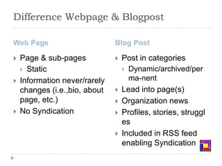 Difference Webpage & BlogpostWeb PageBlog PostPage & sub-pagesStaticInformation never/rarely changes (i.e.,bio, about page, etc.)No SyndicationPost in categoriesDynamic/archived/perma-nentLead into page(s)Organization newsProfiles, stories, strugglesIncluded in RSS feed enabling Syndication