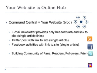 Your Web site is Online HubCommand Central = Your Website (blog)E-mail newsletter provides only header/blurb and link to site (single article links)Twitter post with link to site (single article)Facebook activities with link to site (single article)Building Community of Fans, Readers, Followers, Friends