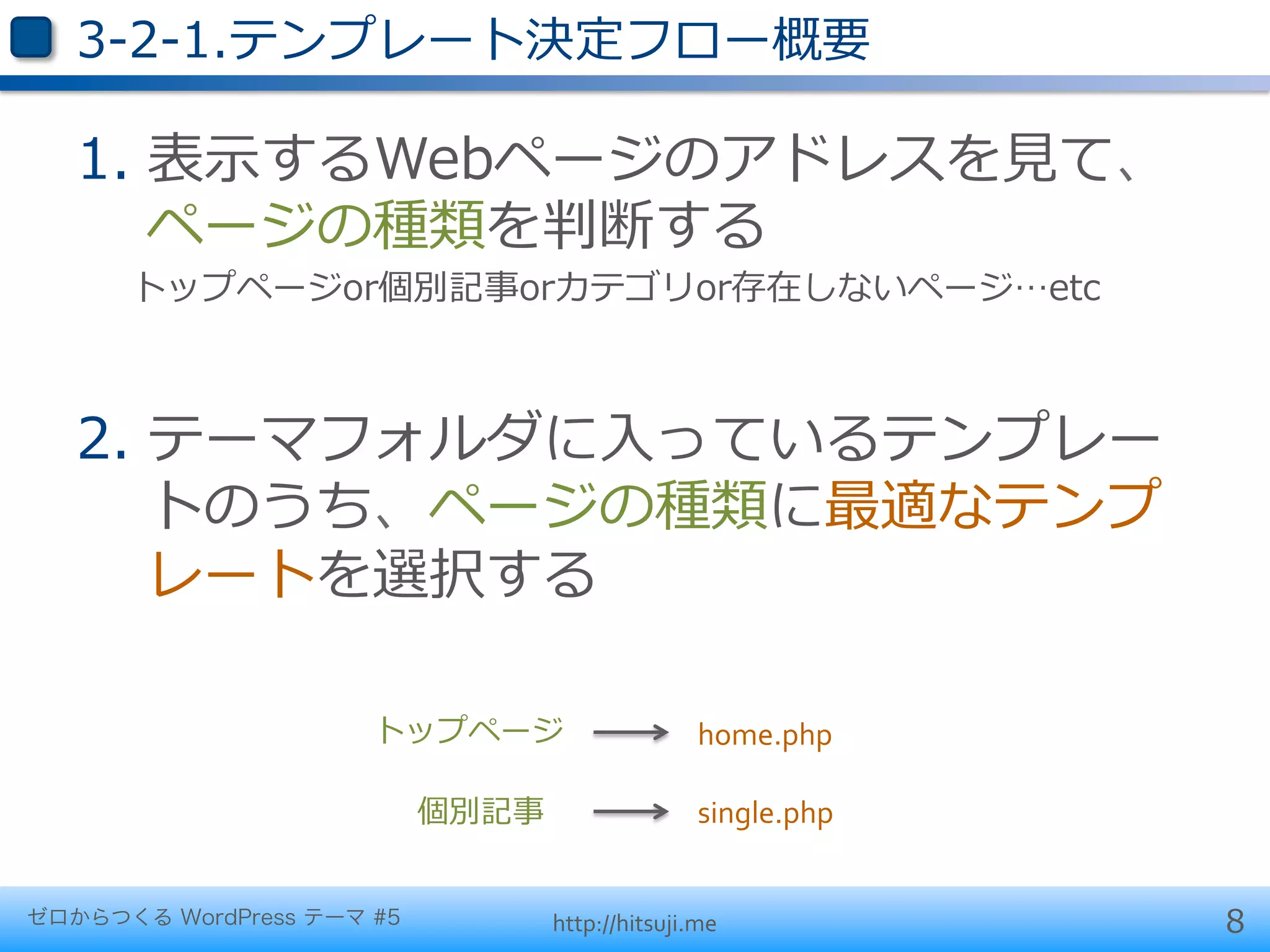 3-‐‑‒2-‐‑‒1.テンプレート決定フロー概要

   1.  表⽰示するWebページのアドレスを⾒見見て、
       ページの種類を判断する
      トップページor個別記事orカテゴリor存在しないページ…etc



   2.  テーマフォルダに⼊入っているテンプレー
       トのうち、ページの種類に最適なテンプ
       レートを選択する

                      トップページ                    home.php

                           個別記事                 single.php


ゼロからつくる WordPress テーマ #5          http://hitsuji.me          8
 
