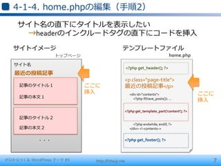 4-‐‑‒1-‐‑‒4.  home.phpの編集（⼿手順2）
    サイト名の直下にタイトルを表⽰示したい	
  
     	
  →headerのインクルードタグの直下にコードを挿⼊入	
  
   サイトイメージ                                    テンプレートファイル
                  トップページ                                                                                                  home.php
   サイト名
                                                   <?php	
  get_header();	
  ?>
   最近の投稿記事
                                                   <p	
  class="page-­‐title">	
  
     記事のタイトル１              ここに	
                   最近の投稿記事</p>
                           挿⼊入                     	
  	
  	
  	
  	
  <div	
  id="contents">	
                                      ここに	
  
     記事の本⽂文１                                       	
  	
  	
  	
  	
  	
  	
  	
  	
  	
  <?php	
  if(have_posts()):	
  …	
  
                                                                                                                                     挿⼊入
                                                   <?php	
  get_template_part('content');	
  ?>
     記事のタイトル２                                      	
  
                                                   	
  	
  	
  	
  	
  	
  	
  	
  	
  	
  <?php	
  endwhile;	
  endif;	
  ?>	
  
     記事の本⽂文２                                       	
  	
  	
  	
  	
  </div>	
  <!–contents–>	
  


            ・・・                                    <?php	
  get_footer();	
  ?>



ゼロからつくる WordPress テーマ #5       http://hitsuji.me                                                                                           7
 