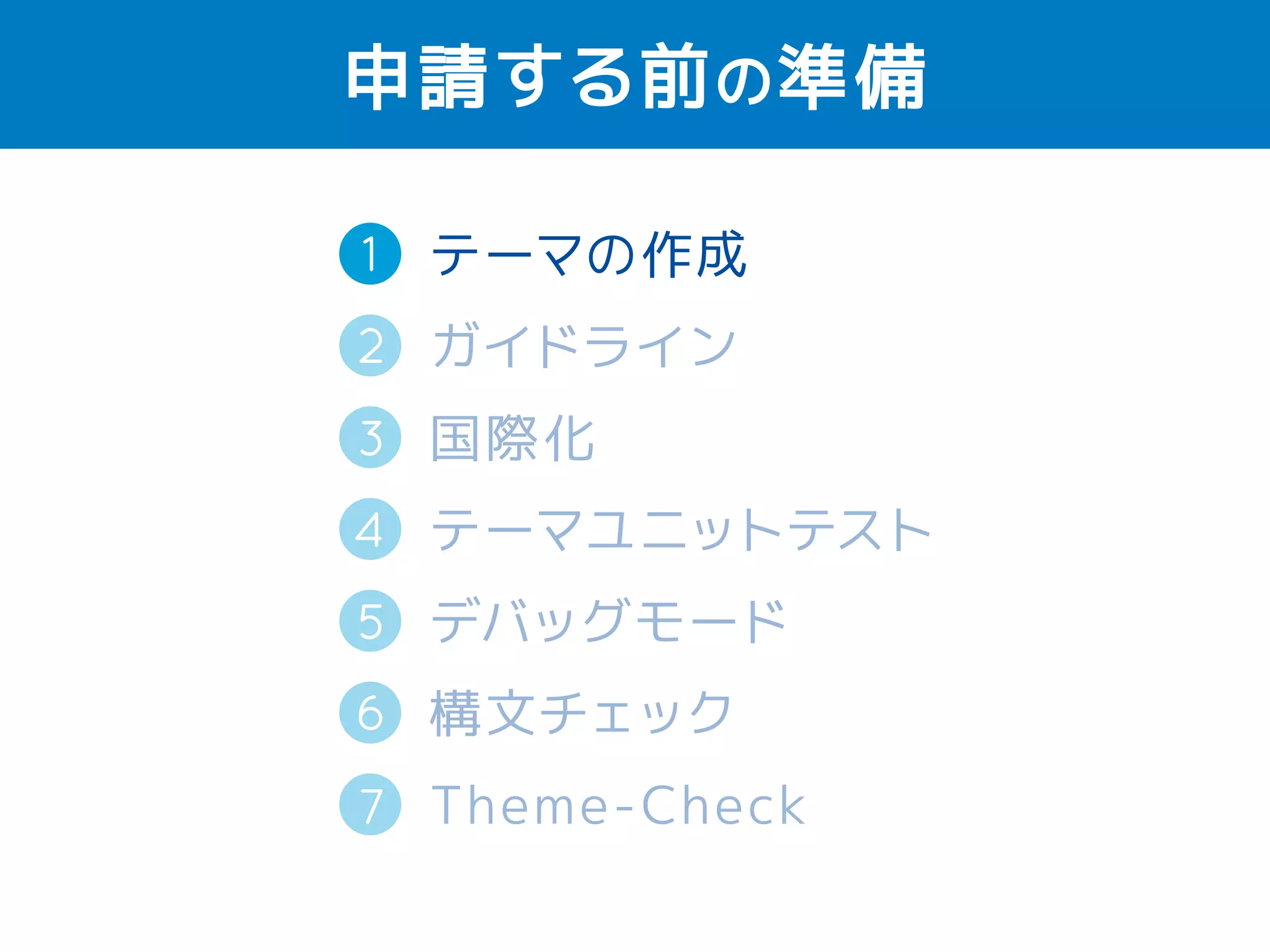 申請する前の準備 
1 
2 
テーマの作成 
ガイドライン 
国際化（英語） 
テーマユニットテスト 
デバッグモード 
構文チェック 
Theme-Check 
3 
4 
5 
6 
7 
 