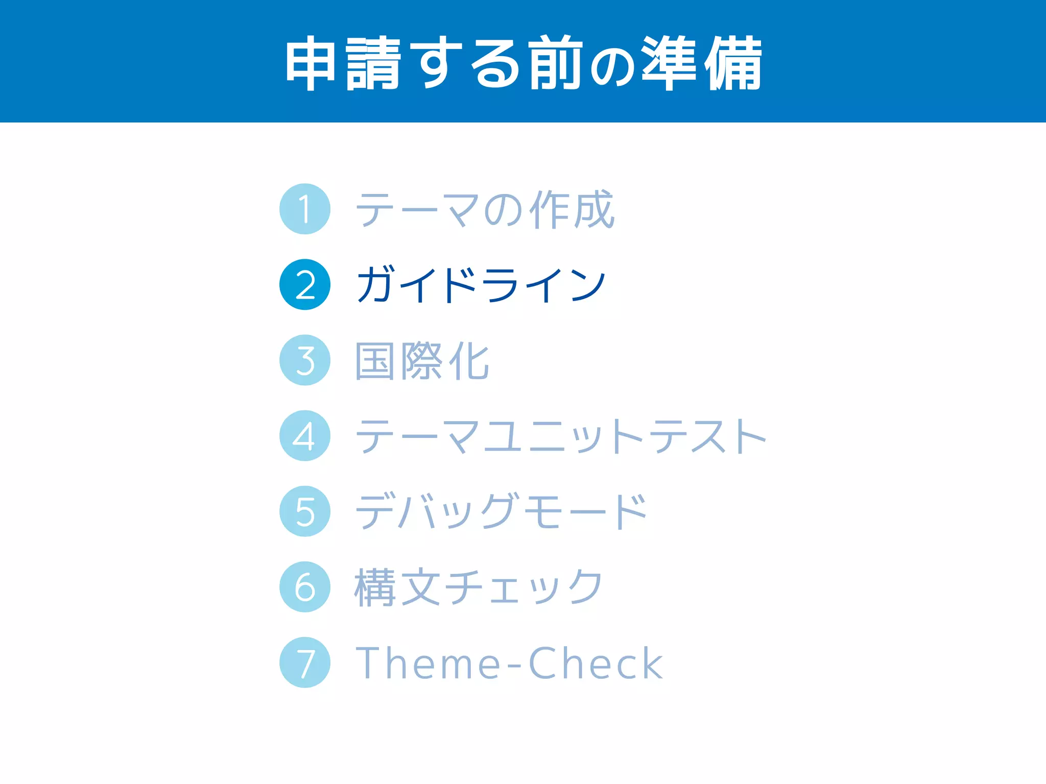 申請する前の準備 
1 
2 
テーマの作成 
ガイドライン 
国際化（英語） 
テーマユニットテスト 
デバッグモード 
構文チェック 
Theme-Check 
3 
4 
5 
6 
7 
 