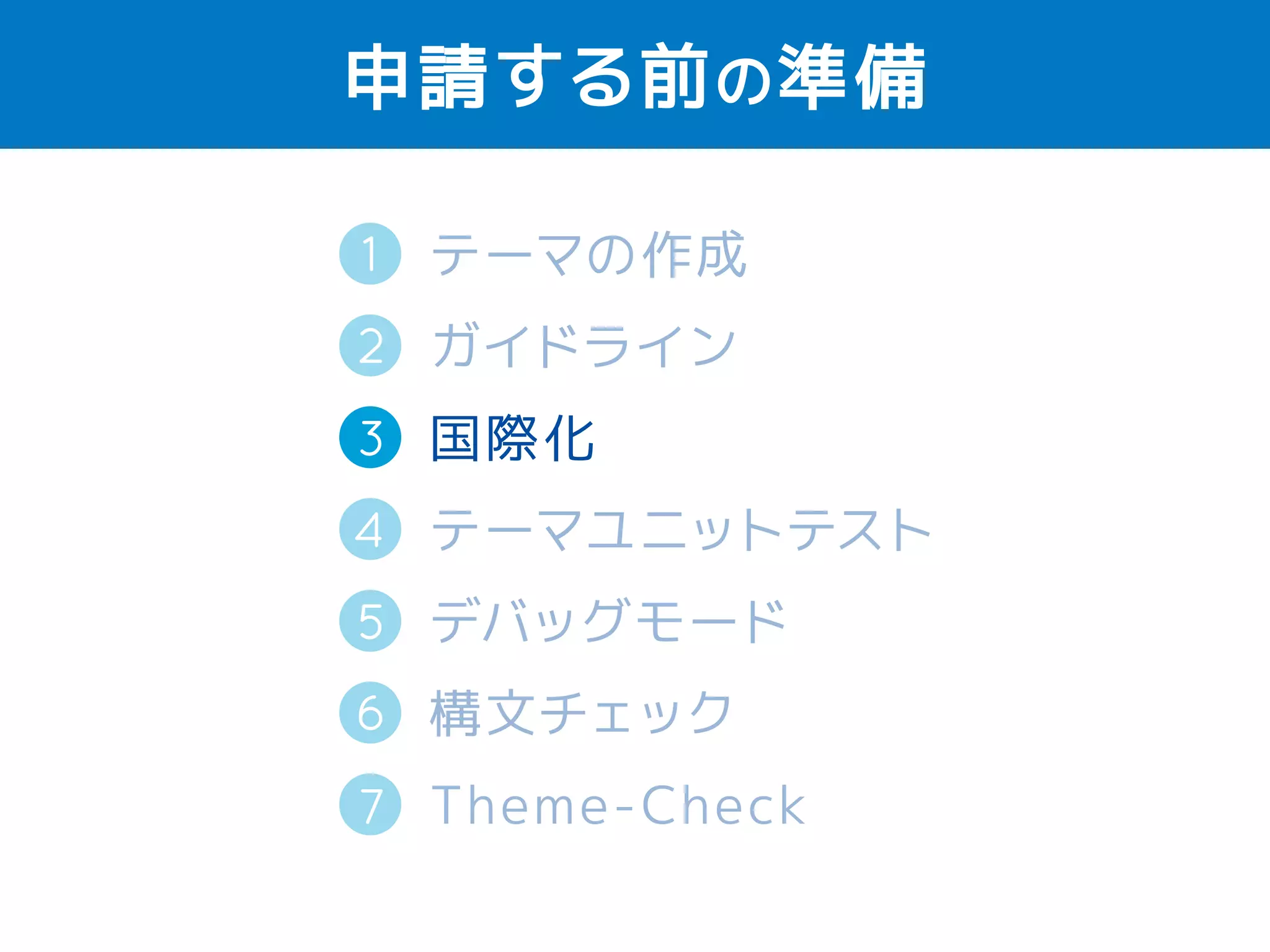 申請する前の準備 
1 
2 
テーマの作成 
ガイドライン 
国際化（英語） 
テーマユニットテスト 
デバッグモード 
構文チェック 
Theme-Check 
3 
4 
5 
6 
7 
 