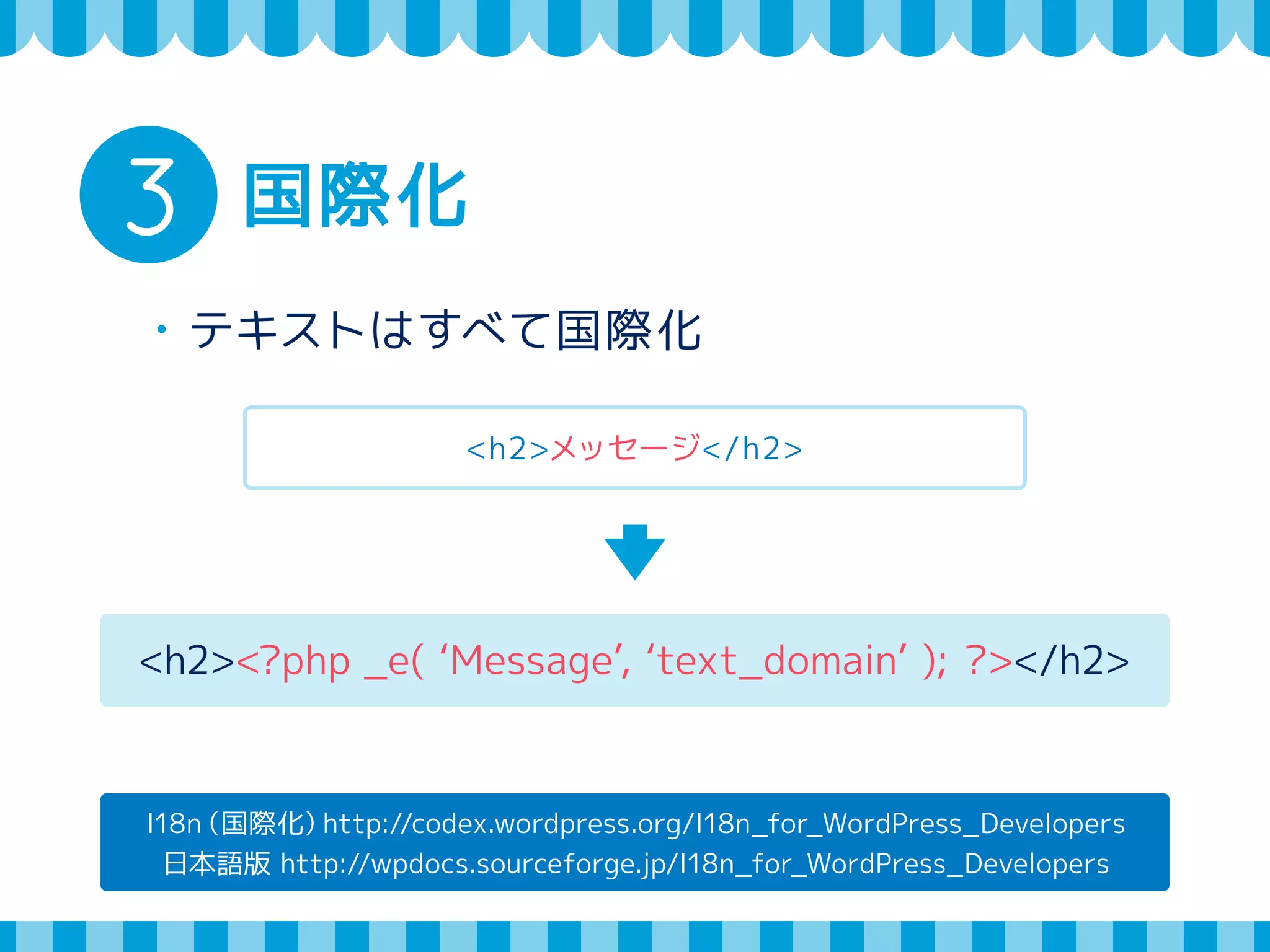 3 国際化（英語） 
・テキストはすべて英語で記述(必須) 
国際化（翻訳対応）は推奨 
国際化しない場合 
<h2>メッセージ</h2> 
<h2>Message</h2> 
 