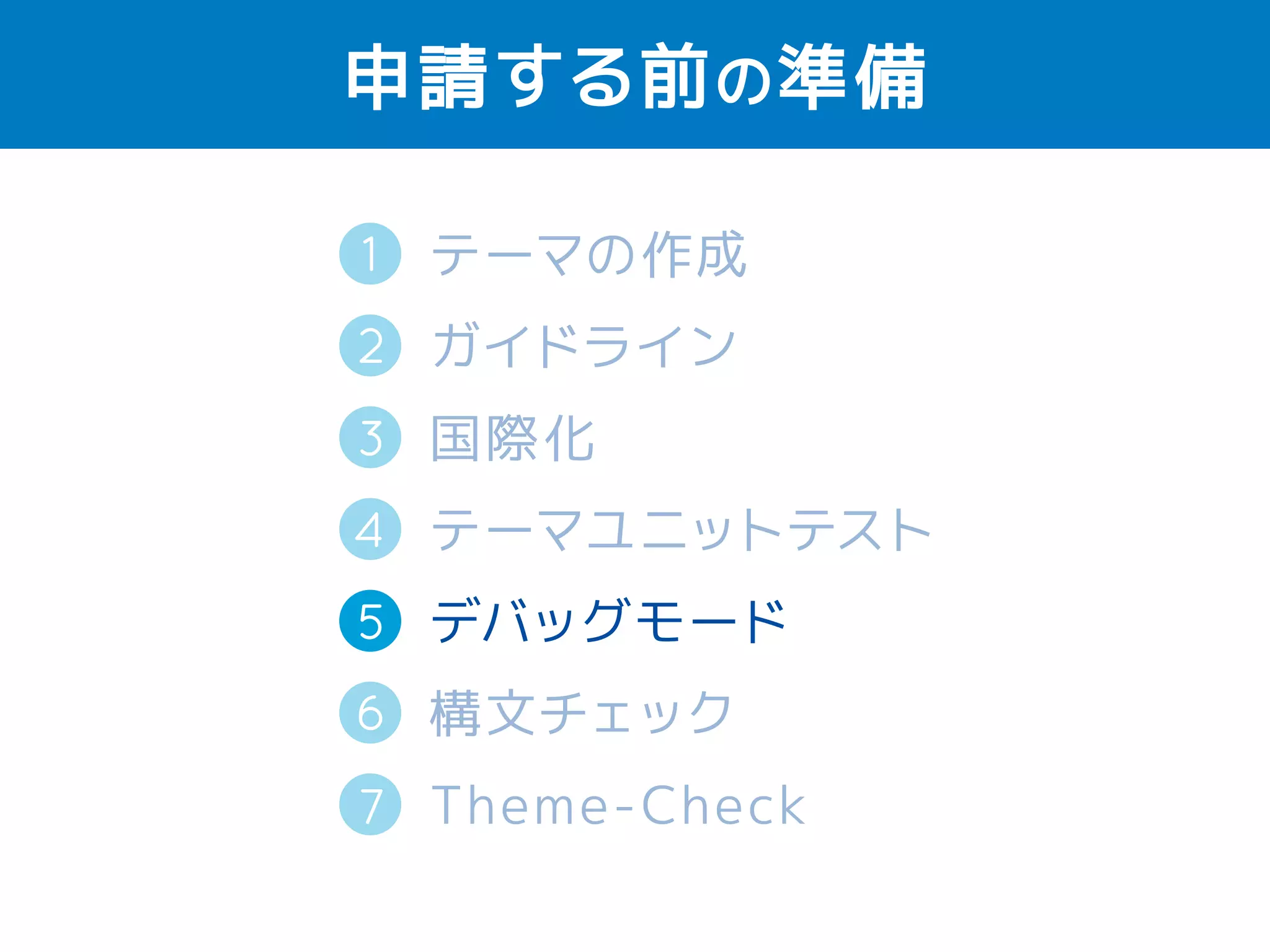 すべてのレイアウトが正しく表示されて 
いるか確認 
2 
タイトルが 
すごく長い 
本文が 
無い 
たくさんの 
カテゴリー 
タイトルが 
無い 
コメント 
の階層 
たくさんの 
コメント 
テーマ作者 
 