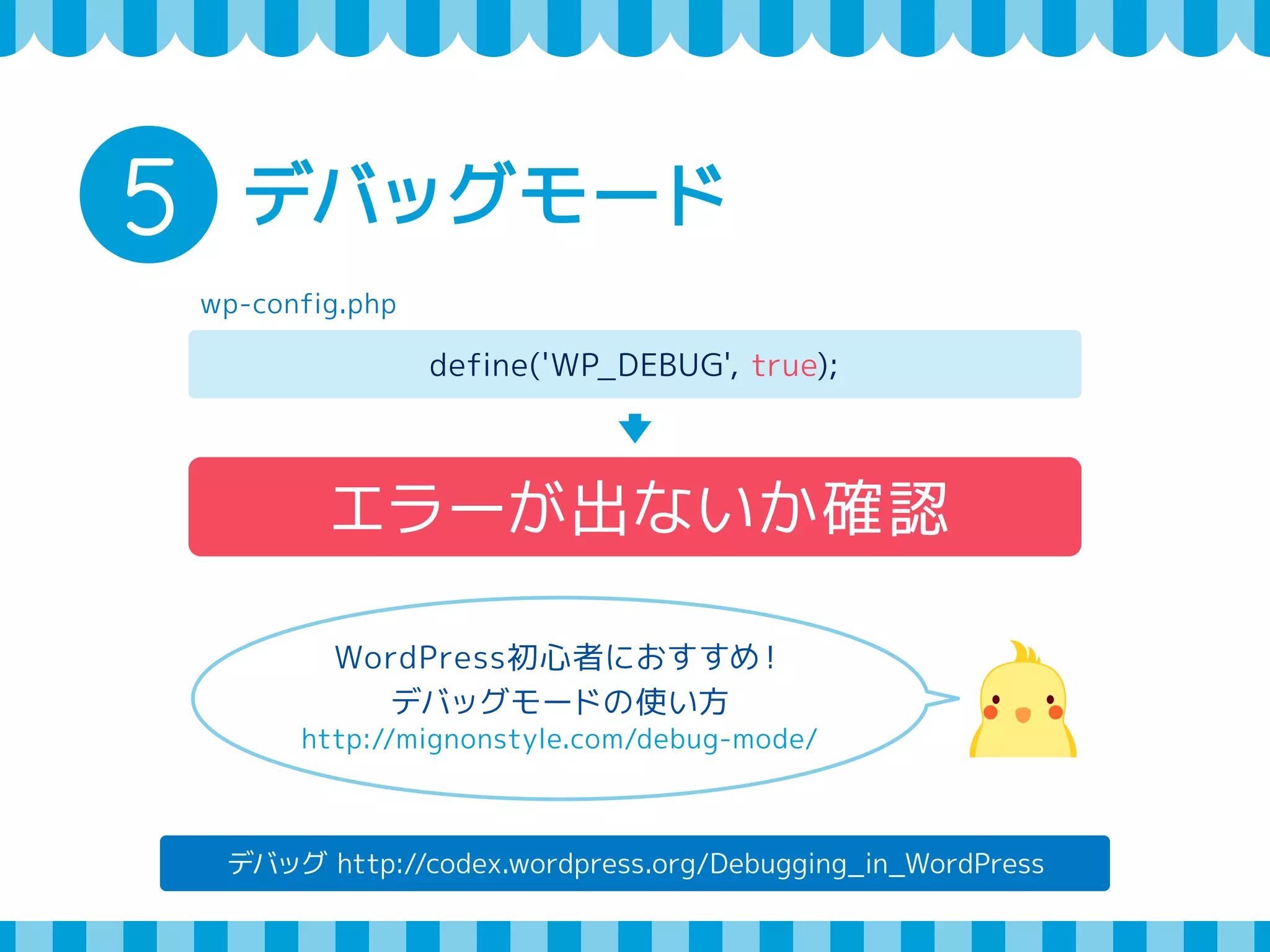 3 すべてのページが正しく表示されるか確認 
アーカイブページ 
2014/08/30 
タイトル 
投稿ページへのリンク 
投稿ページへのリンク 
2014/08/31 投稿ページへのリンク 
リンク切れ 
がないか 
チェック 
タイトルと投稿日にそれぞれ投稿ページへのリンクがあれば 
タイトルが無くても投稿ページを表示できる 
 