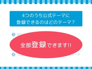 4つのうち公式テーマに 
登録できるのはどのテーマ？ 
1 ゼロから作るオリジナルのテーマ 
2 既存の公式テーマを利用した子テーマ 
3 「テーマフレームワーク」を利用したテーマ全部登録できます!! 
4 「_s」などのスターター・テーマを利用したテーマ 
 