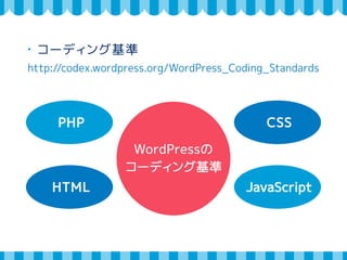 ・コーディング基準 
http://codex.wordpress.org/WordPress_Coding_Standards 
CSS 
JavaScript 
PHP 
HTML 
WordPressの 
コーディング基準 
 