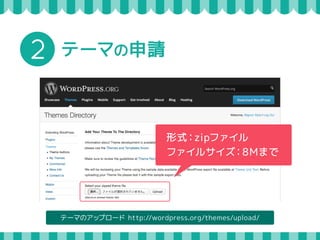 公式テーマの申請から登録まで 
公式ディレクトリにテーマを申請 
フィードバック 
フィードバックが 
なくなるまで 
修正します 
修正が 
必要な 
場合は 
フィード 
テーマ 
レビュアー 
がチェック 
テーマレビュアーテーマ作者 
修正して再申請 
承認バック 
テーマレビューチームの管理者がチェック 
公式ディレクトリにテーマが登録される 
 