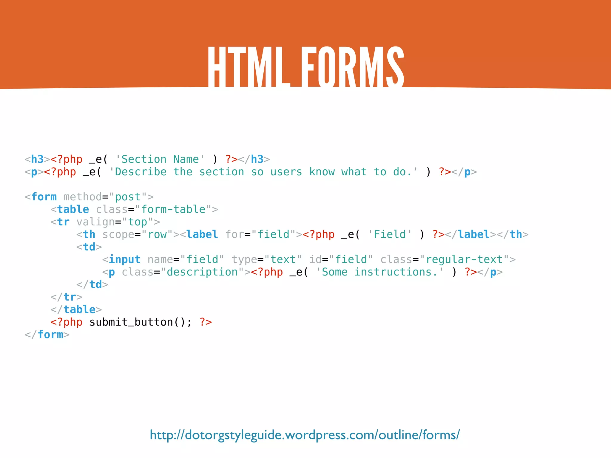 HTML FORMS <h3><?php _e( 'Section Name' ) ?></h3> <p><?php _e( 'Describe the section so users know what to do.' ) ?></p> <form method="post"> <table class="form-table"> <tr valign="top"> <th scope="row"><label for="field"><?php _e( 'Field' ) ?></label></th> <td> <input name="field" type="text" id="field" class="regular-text"> <p class="description"><?php _e( 'Some instructions.' ) ?></p> </td> </tr> </table> <?php submit_button(); ?> </form> http://dotorgstyleguide.wordpress.com/outline/forms/ 