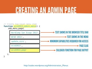 CREATING AN ADMIN PAGE
// Create top-level menu item
function wcsd2013_admin_menu() {
    add_menu_page(

         'WordCa...