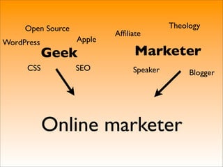 Open Source                          Theology
                           Afﬁliate
WordPress          Apple
            Geek                 Marketer
     CSS           SEO          Speaker        Blogger




            Online marketer
 