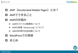 ©	
  WordBench	
  Miyazaki	
  	
アジェンダ
5	
  
p  AMP（Accelerated	
  Mobile	
  Pages）とは？	
  
p  AMPでできること	
  
p  AMPの仕組み	
  
v  AMPのファイル関連性について	
  
v  AMPの定義（Schema.org）について	
  
v  AMPの計測や広告出稿について	
  
p  WordPressでの実装	
  
p  まとめ	
  
 