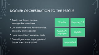 DOCKER ORCHESTRATION TO THE RESCUE
• Break your layers to more
manageable containers
• Use orchestration to handle service...