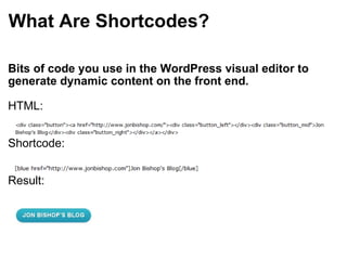 What Are Shortcodes? Bits of code you use in the WordPress visual editor to generate dynamic content on the front end. HTML: Shortcode: Result: 