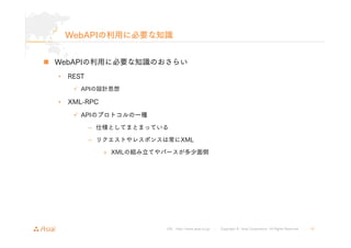 WebAPIの利用に必要な知識 
 WebAPIの利用に必要な知識のおさらい 
URL : http://www.asial.co.jp/ │ Copyright © Asial Corporation. All Rights Reserve...