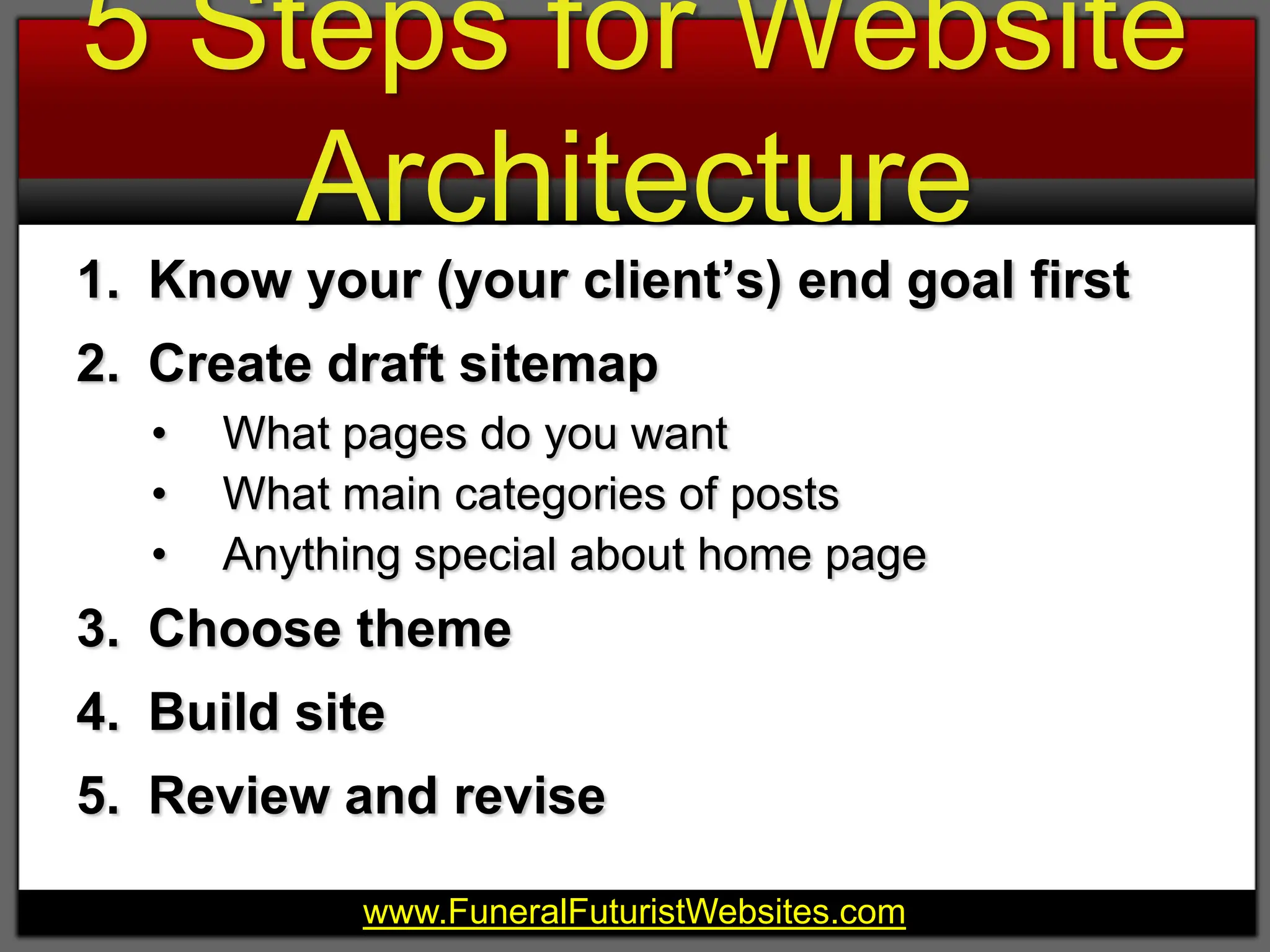 5 Steps for Website Architecture Know your (your client’s) end goal firstCreate draft sitemapWhat pages do you wantWhat main categories of postsAnything special about home pageChoose themeBuild siteReview and revise