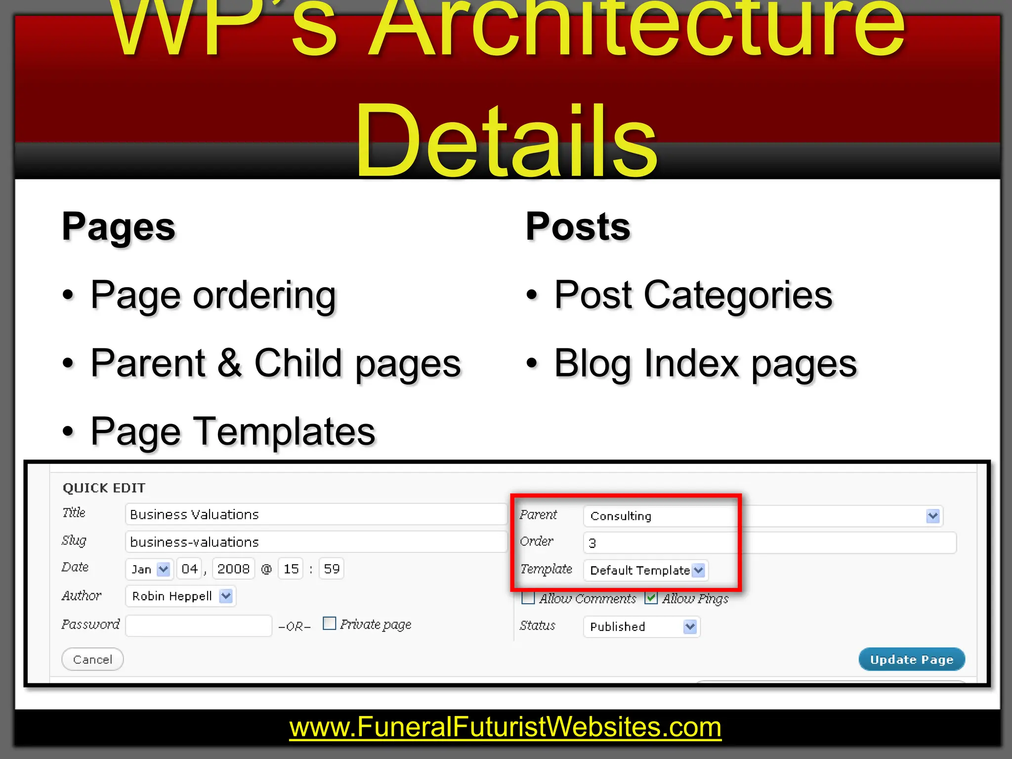 WP’s Architecture DetailsPagesPage orderingParent & Child pagesPage TemplatesPosts Post CategoriesBlog Index pages