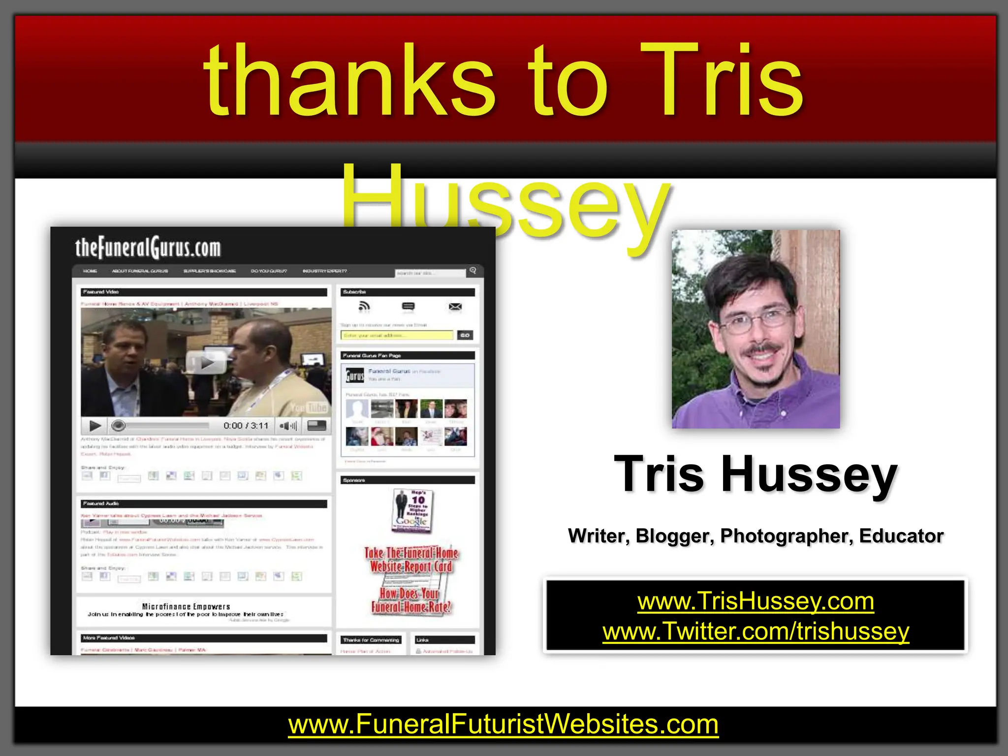 Intro to WordPress thanks to Tris HusseyTris HusseyWriter, Blogger, Photographer, Educatorwww.TrisHussey.comwww.Twitter.com/trishussey