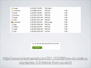 http://www.onextrapixel.com/2011/03/08/how-to-code-a-
          wordpress-3-0-theme-from-scratch/
 