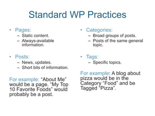 Standard WP Practices
• Pages:
– Static content.
– Always-available
information.
• Posts:
– News, updates.
– Short bits of information.
For example: “About Me”
would be a page. “My Top
10 Favorite Foods” would
probably be a post.
• Categories:
– Broad groups of posts.
– Posts of the same general
topic.
• Tags:
– Specific topics.
For example: A blog about
pizza would be in the
Category “Food” and be
Tagged “Pizza”.
 