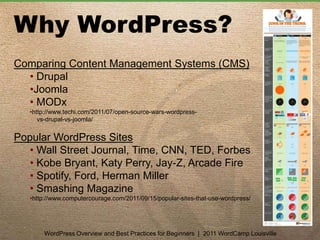  Slides available at slideshare.net/creativebillWordPress Overview and Best Practices for Beginners  |  2011 WordCamp Louisville